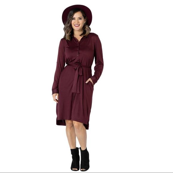 Lularoe Burgundy Ellie Shirt Dress Button Up Pockets Tie Waist Size XL New - Picture 1 of 13